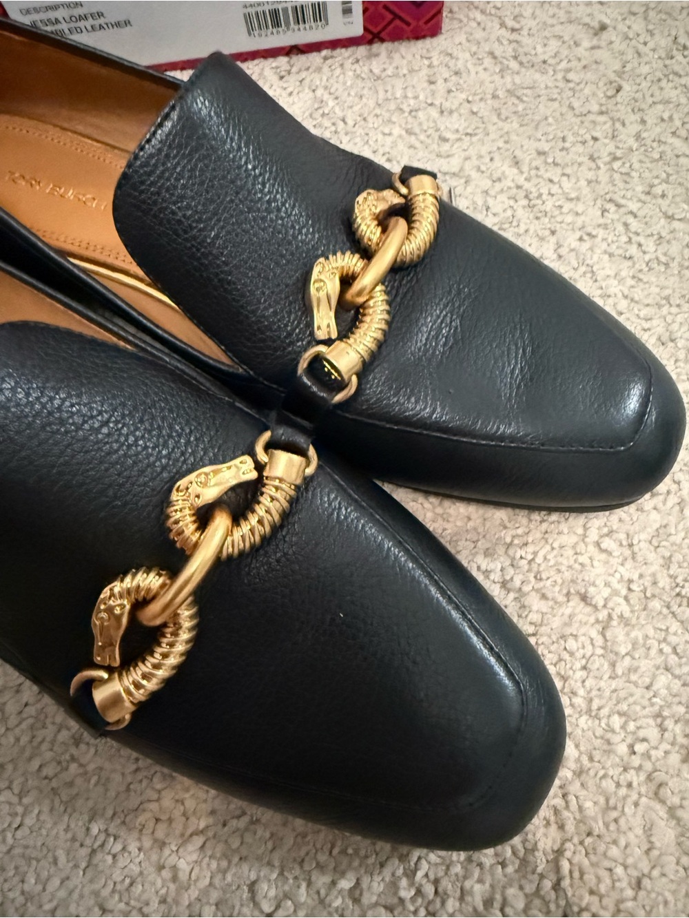 Tory Burch Black Leather Women's Loafers with Gold Chain Detail - Picture 3 of 8
